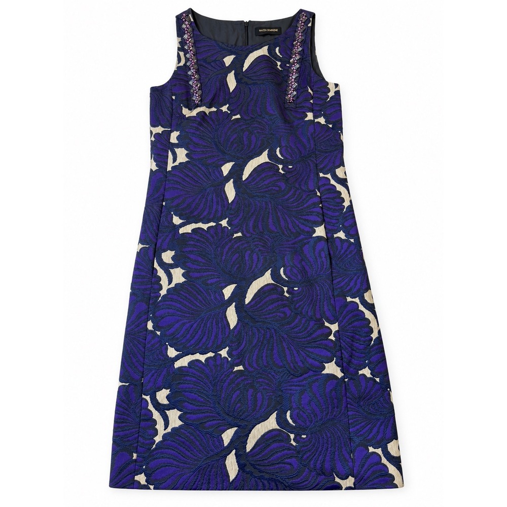 Piazza Sempione Purple Jacquard Leaf Shift Dress Beaded Italian Made Size IT 40